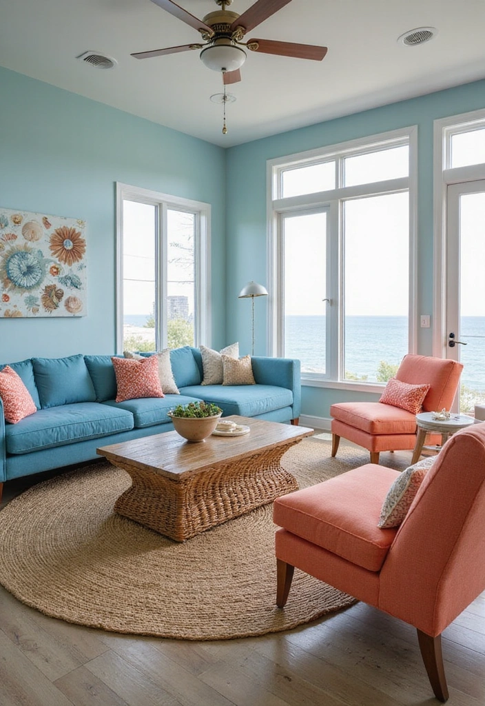 21 Blue and Orange Living Room Ideas - 1. Coastal Chic