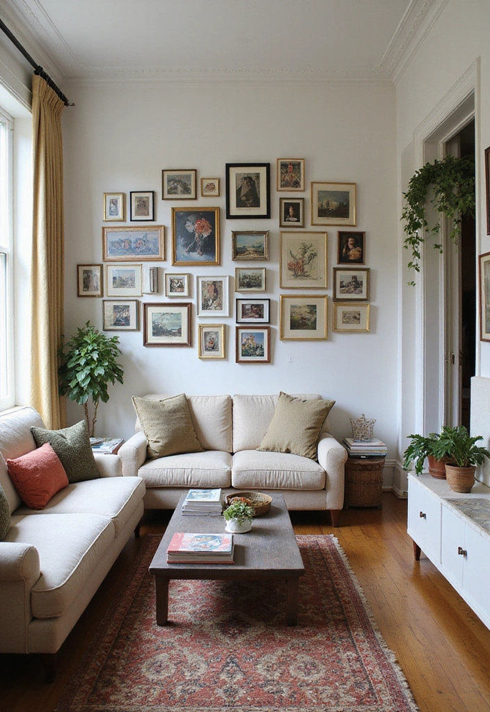 20 Amazing Narrow Living Room Ideas That'll Make You Rethink Your Space! - 12. Artistic Gallery Wall