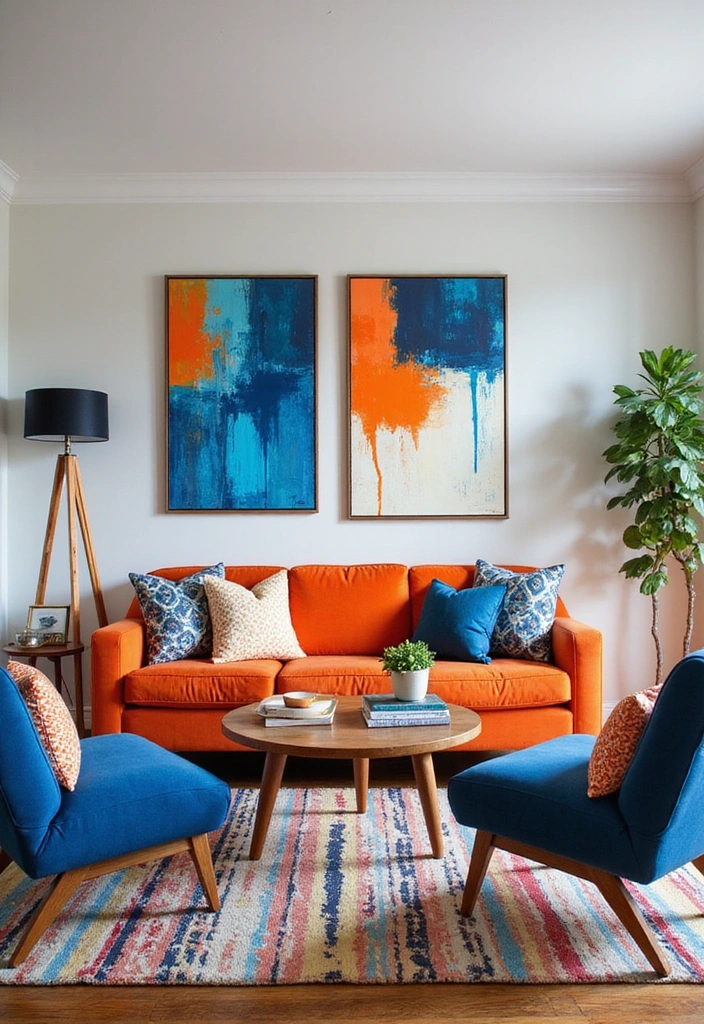 21 Blue and Orange Living Room Ideas - 4. Artistic Flair