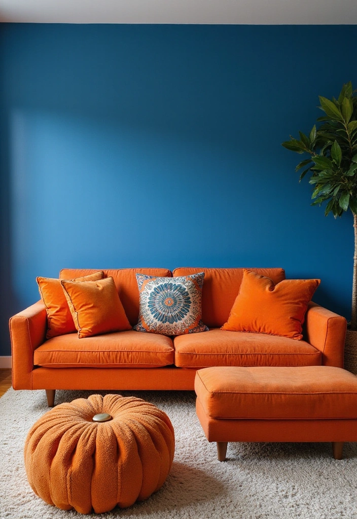 21 Blue and Orange Living Room Ideas - 21. Vibrant Accent Wall