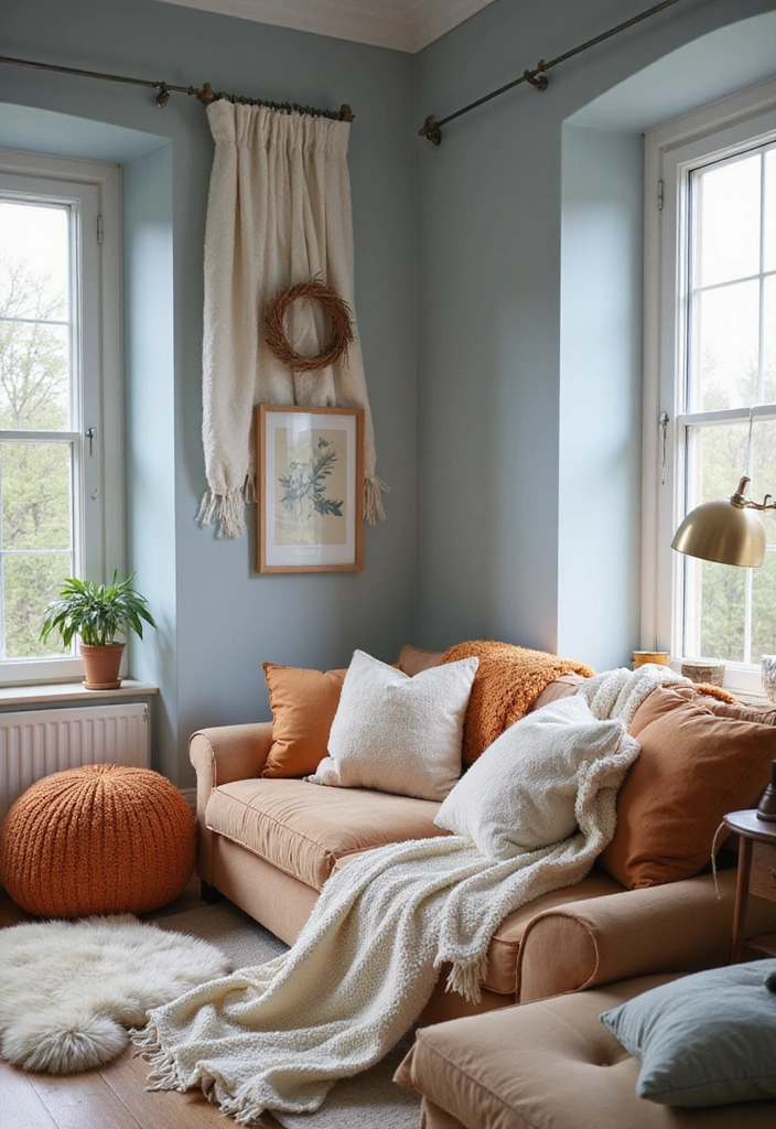 21 Blue and Orange Living Room Ideas - 16. Warm & Inviting