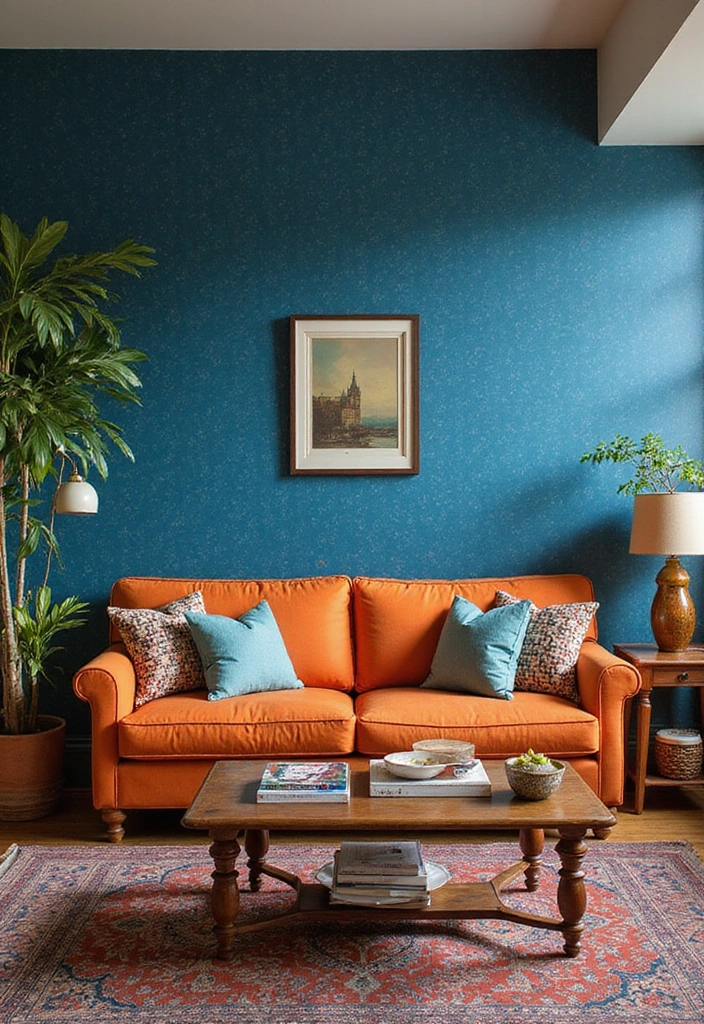 21 Blue and Orange Living Room Ideas - 6. Eclectic Mix