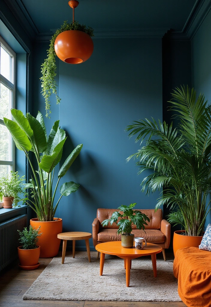 21 Blue and Orange Living Room Ideas - 17. Urban Jungle