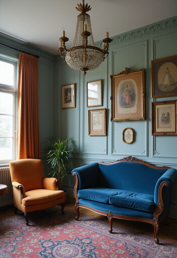 21 Blue and Orange Living Room Ideas - 8. Vintage Elegance