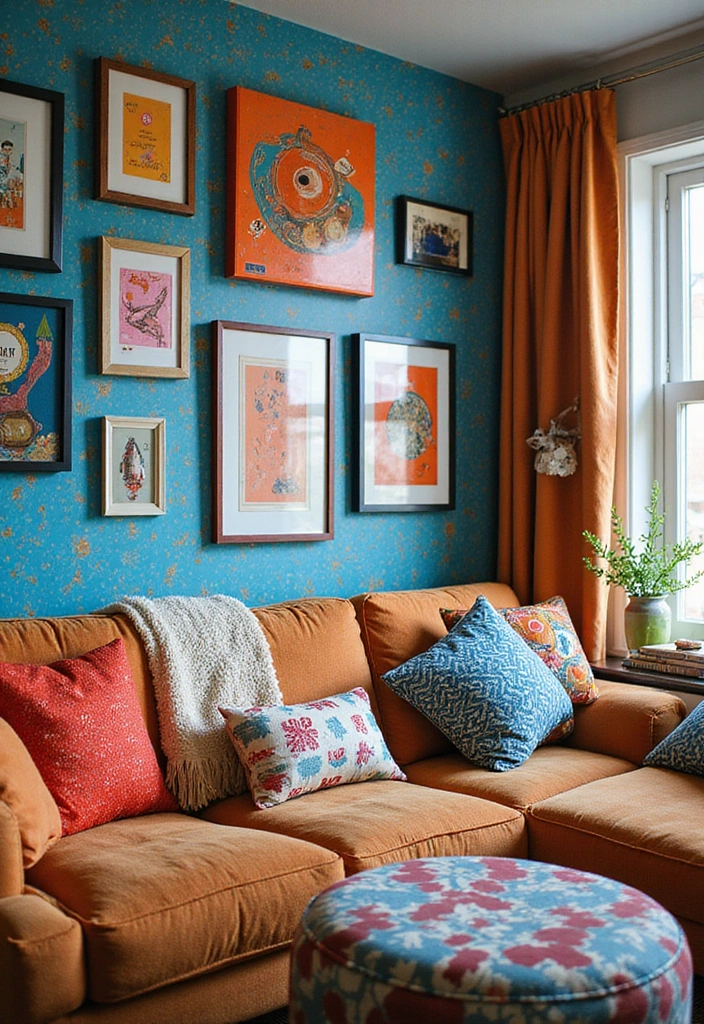 21 Blue and Orange Living Room Ideas - 14. Playful Patterns