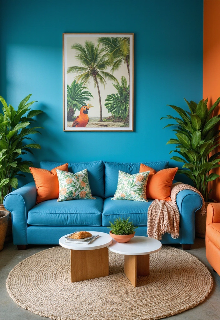 21 Blue and Orange Living Room Ideas - 10. Tropical Escape