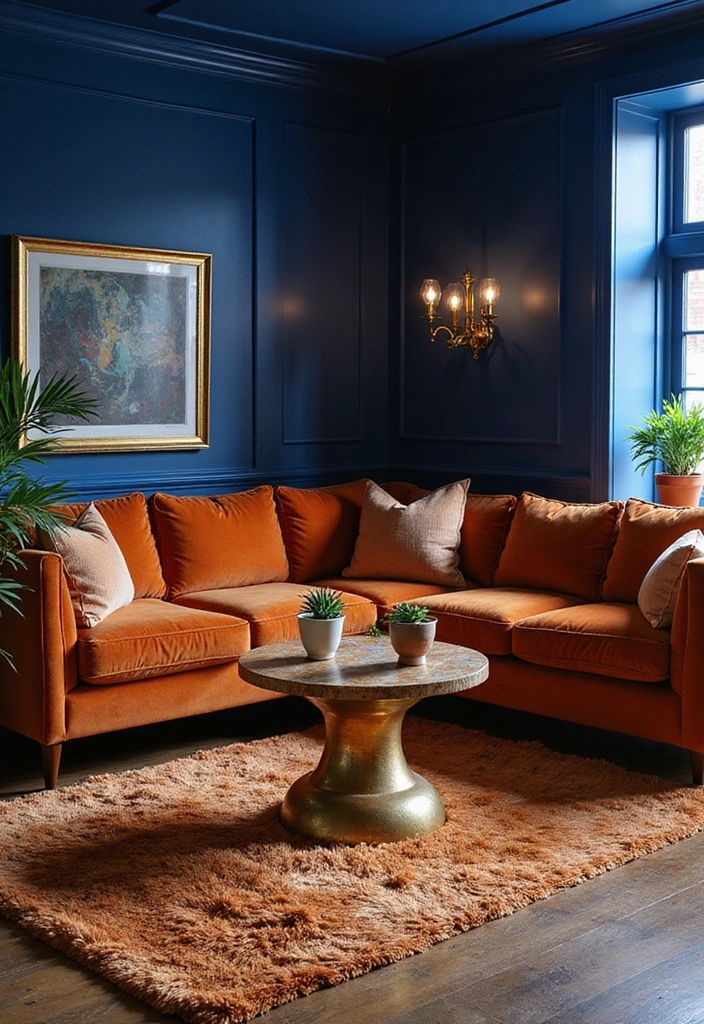21 Blue and Orange Living Room Ideas - 13. Sophisticated Glam
