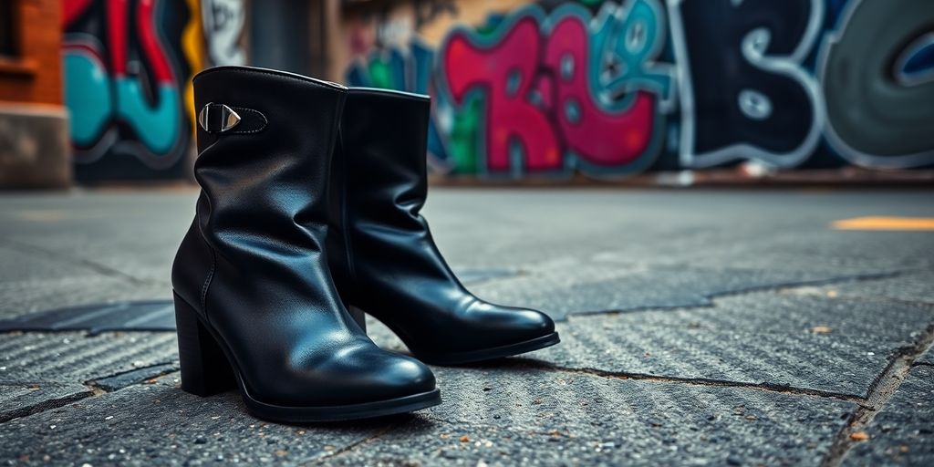 Stylish boots on a city street with urban backdrop.