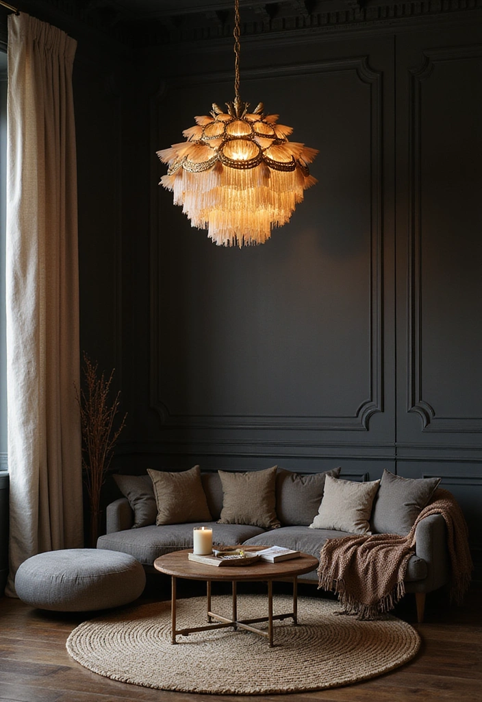 21 Dark Boho Living Room Ideas That Create a Cozy Ambiance! - 16. Statement Lighting Fixtures