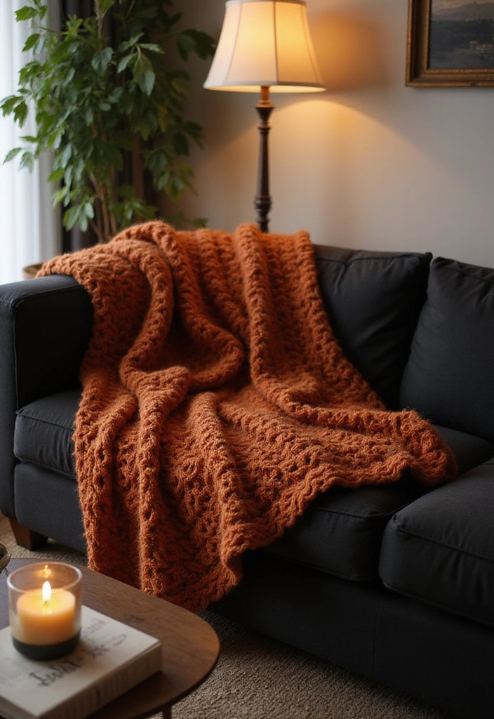 21 Black And Rust Living Room Ideas That Will Transform Your Space! - 3. Cozy Rust-colored Throws