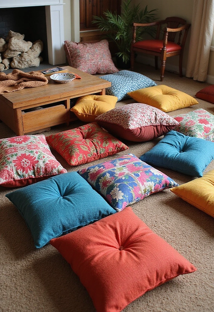 21 Moody Boho Living Room Ideas That'll Transform Your Space Into a Cozy Oasis! - 5. Cozy Floor Cushions