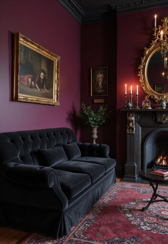 21 Dark Living Room Ideas That'll Make You Want to Curl Up with a Book! - 7. Gothic Glam