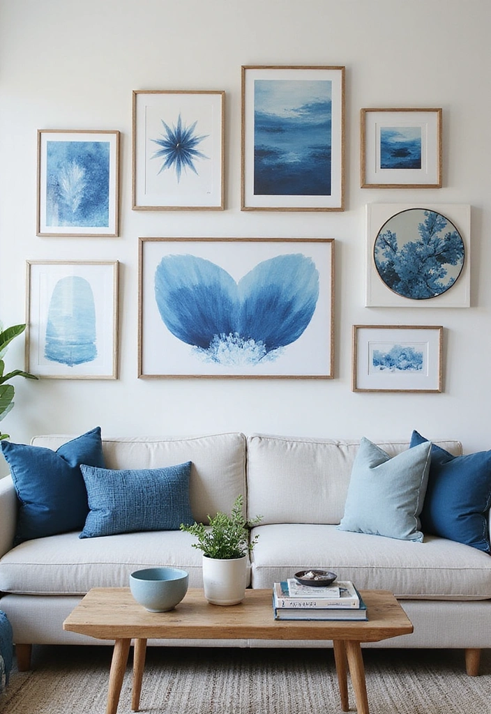 21 Chic Blue Living Room Ideas That'll Make You Want to Redecorate! - 20. Blue-Inspired Gallery Wall