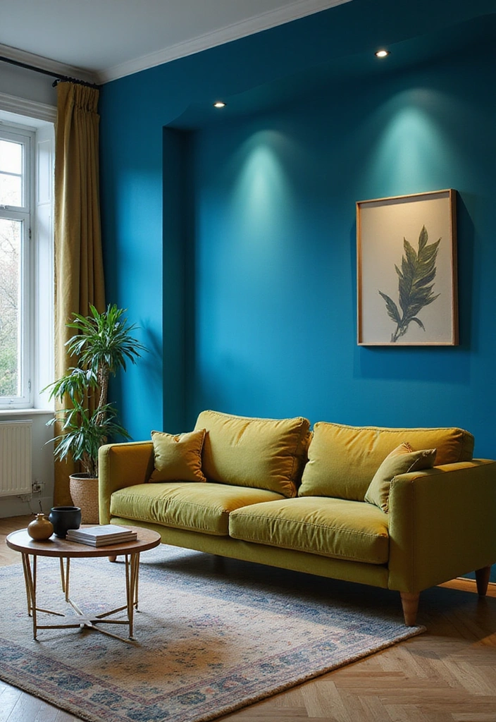 23 Blue And Green Living Room Ideas That Will Transform Your Space! - 13. Bold Contrast with Electric Blue and Olive