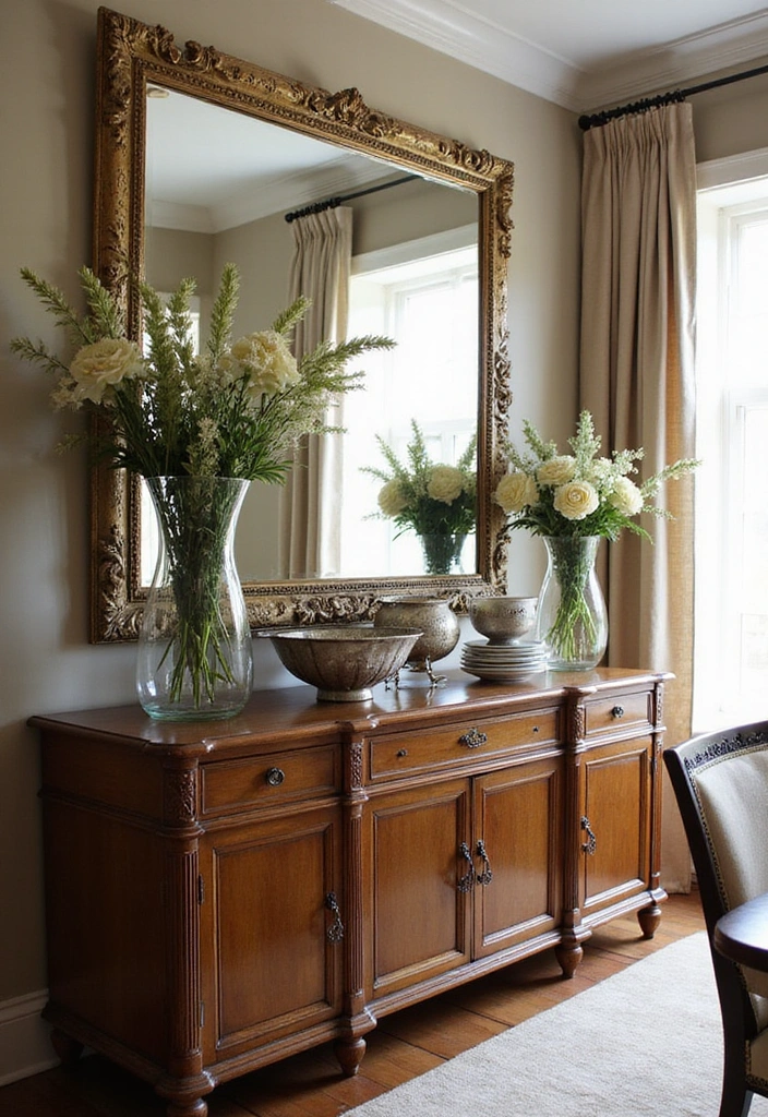 20 Luxury Dining Room Decor with Mirror - 1. Mirror-Backed Buffet