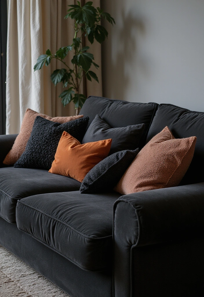 21 Black And Rust Living Room Ideas That Will Transform Your Space! - 7. Black and Rust Throw Pillows