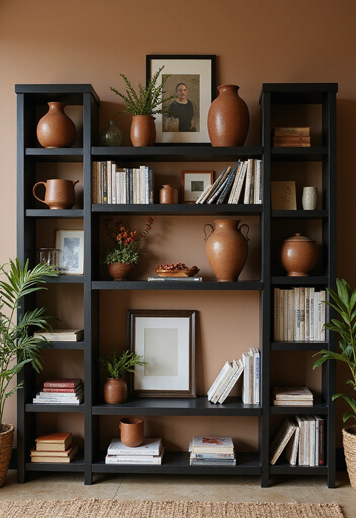 21 Black And Rust Living Room Ideas That Will Transform Your Space! - 8. Stylish Black Shelving