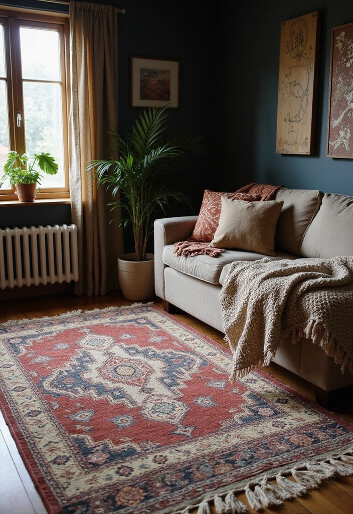 21 Dark Boho Living Room Ideas That Create a Cozy Ambiance! - 17. Vintage Rugs