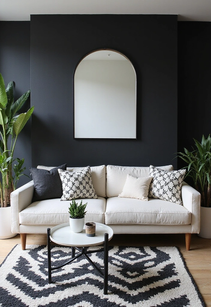 21 Dark Living Room Ideas That'll Make You Want to Curl Up with a Book! - 3. Black and White Contrast