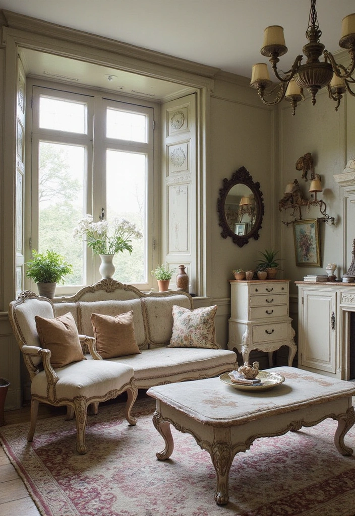21 French Cottage Living Room Ideas That'll Make You Swoon! - 3. Vintage Furniture Finds