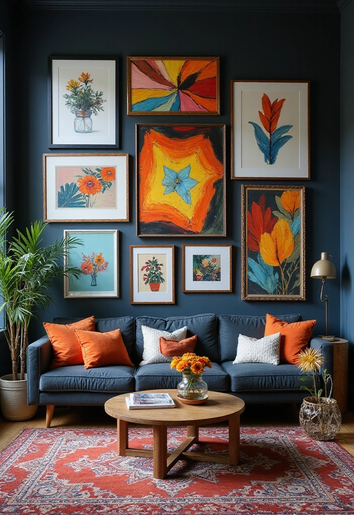 21 Dark Boho Living Room Ideas That Create a Cozy Ambiance! - 20. Colorful Artwork
