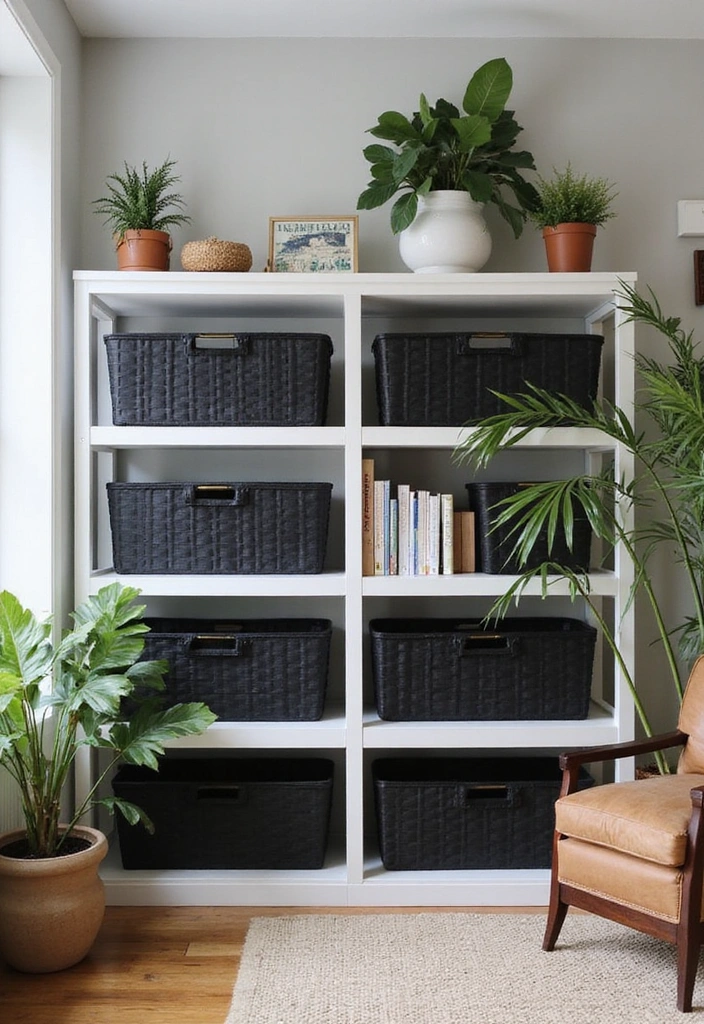 21 Black And Rust Living Room Ideas That Will Transform Your Space! - 17. Shelving with Black Baskets