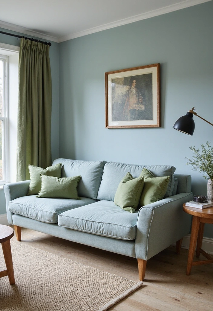 23 Blue And Green Living Room Ideas That Will Transform Your Space! - 5. Earthy Elegance with Dusty Blue and Sage Green