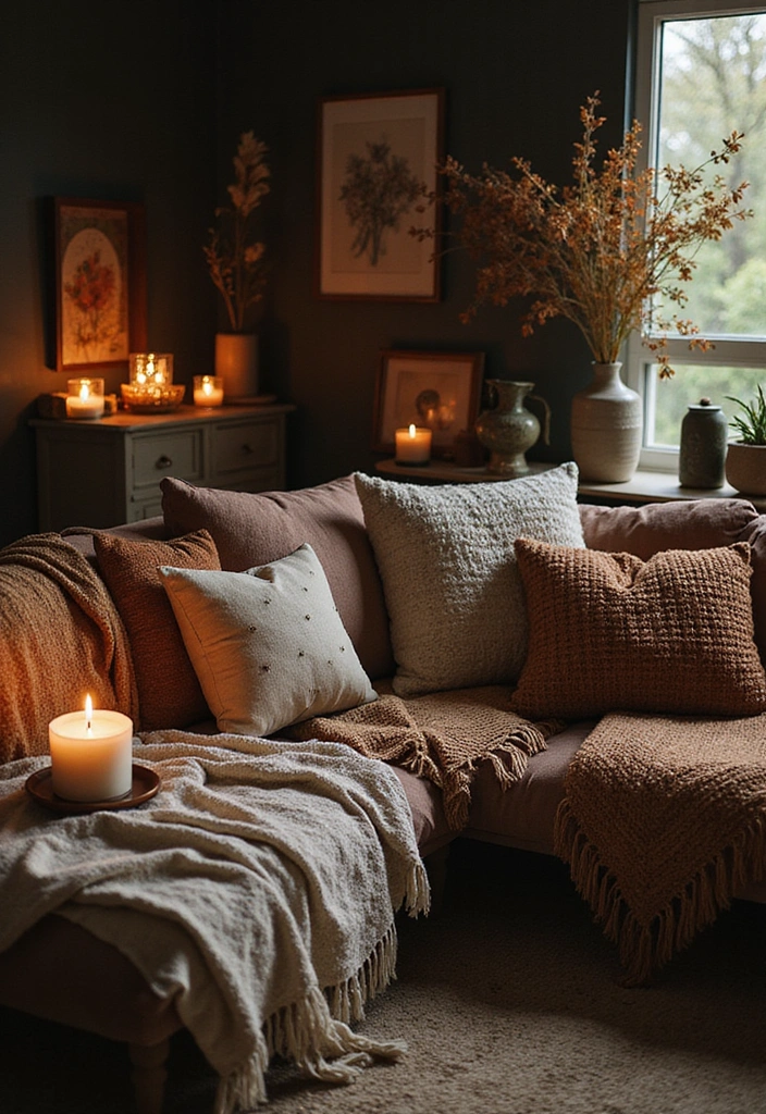 21 Dark Boho Living Room Ideas That Create a Cozy Ambiance! - 21. Cozy Accessories