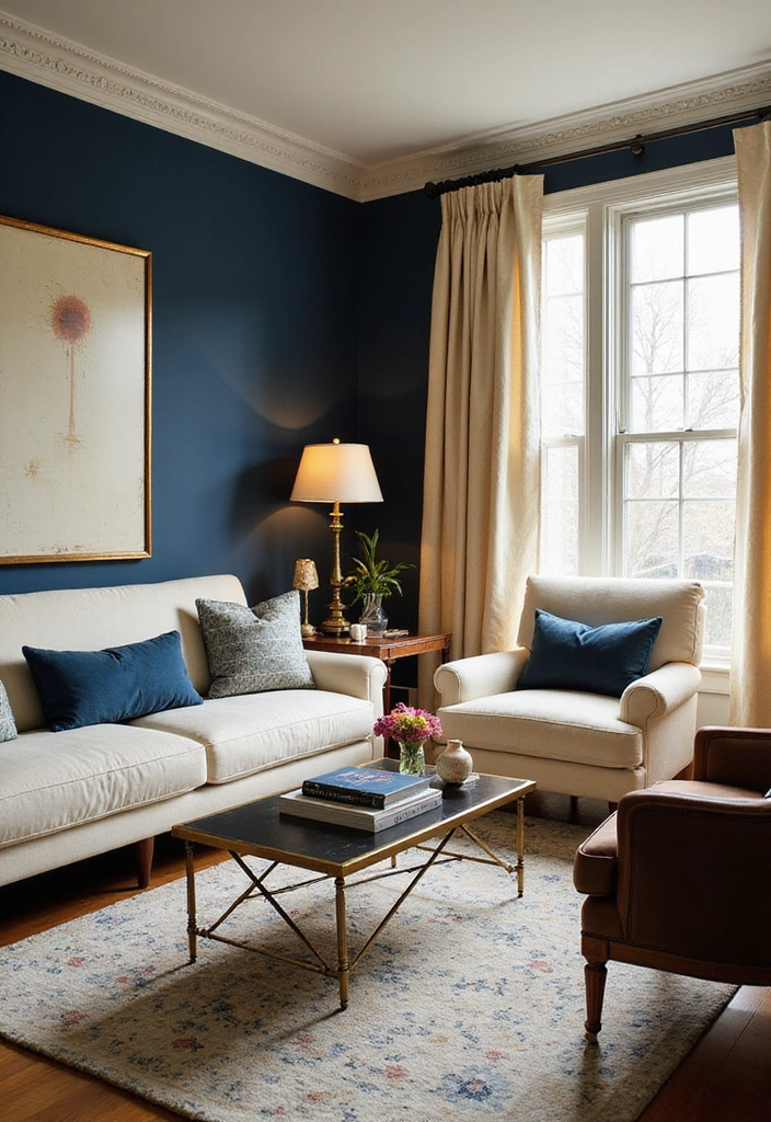 23 Blue And Green Living Room Ideas That Will Transform Your Space! - 11. Classic Elegance with Navy and Cream