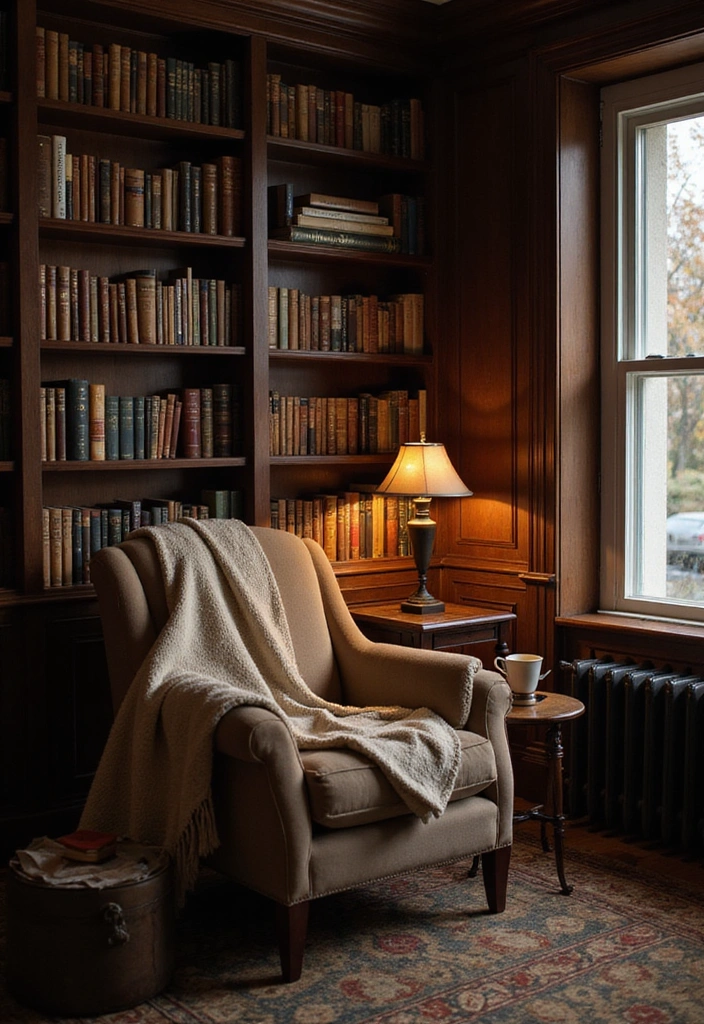 21 Dark Living Room Ideas That'll Make You Want to Curl Up with a Book! - 11. Cozy Library Nook
