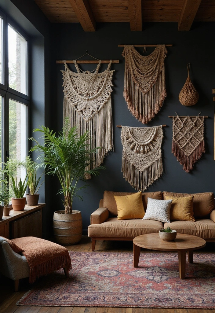 21 Dark Boho Living Room Ideas That Create a Cozy Ambiance! - 7. Textured Wall Hangings