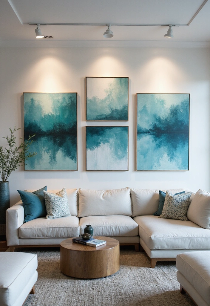 23 Blue And Green Living Room Ideas That Will Transform Your Space! - 10. Artistic Flair with Blue and Green Abstracts