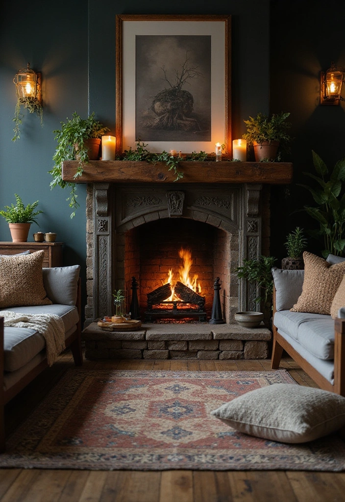 21 Dark Boho Living Room Ideas That Create a Cozy Ambiance! - 15. Cozy Fireplaces