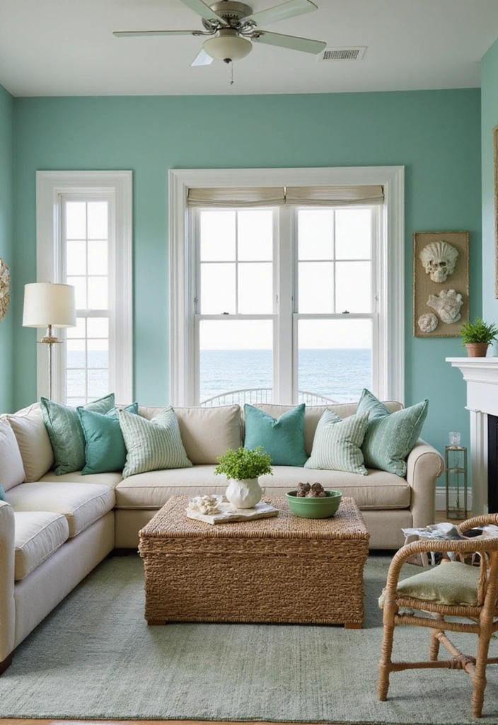 23 Blue And Green Living Room Ideas That Will Transform Your Space! - 1. Coastal Vibes with Aqua and Seafoam