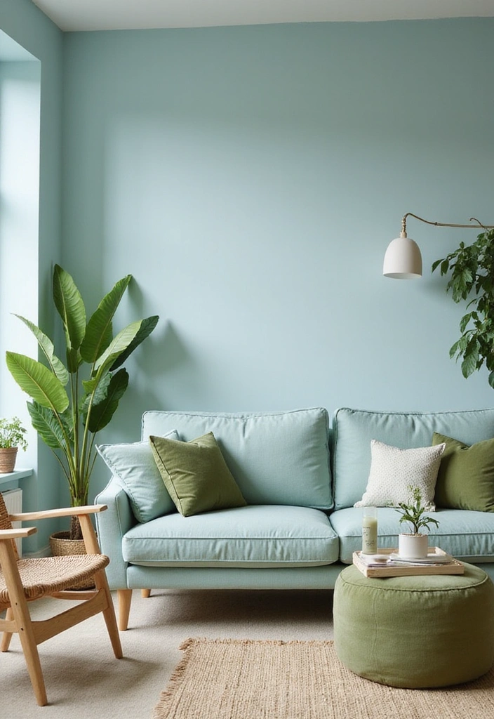 23 Blue And Green Living Room Ideas That Will Transform Your Space! - 9. Subtle Serenity with Powder Blue and Olive