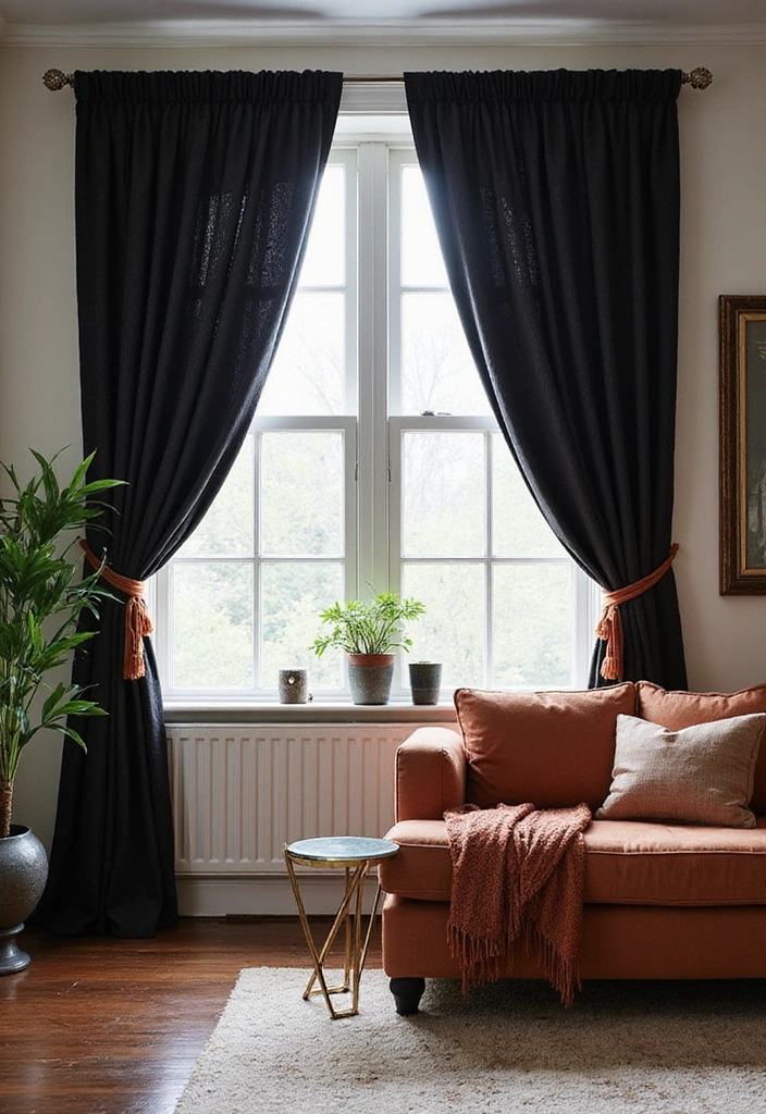 21 Black And Rust Living Room Ideas That Will Transform Your Space! - 11. Textured Black Curtains