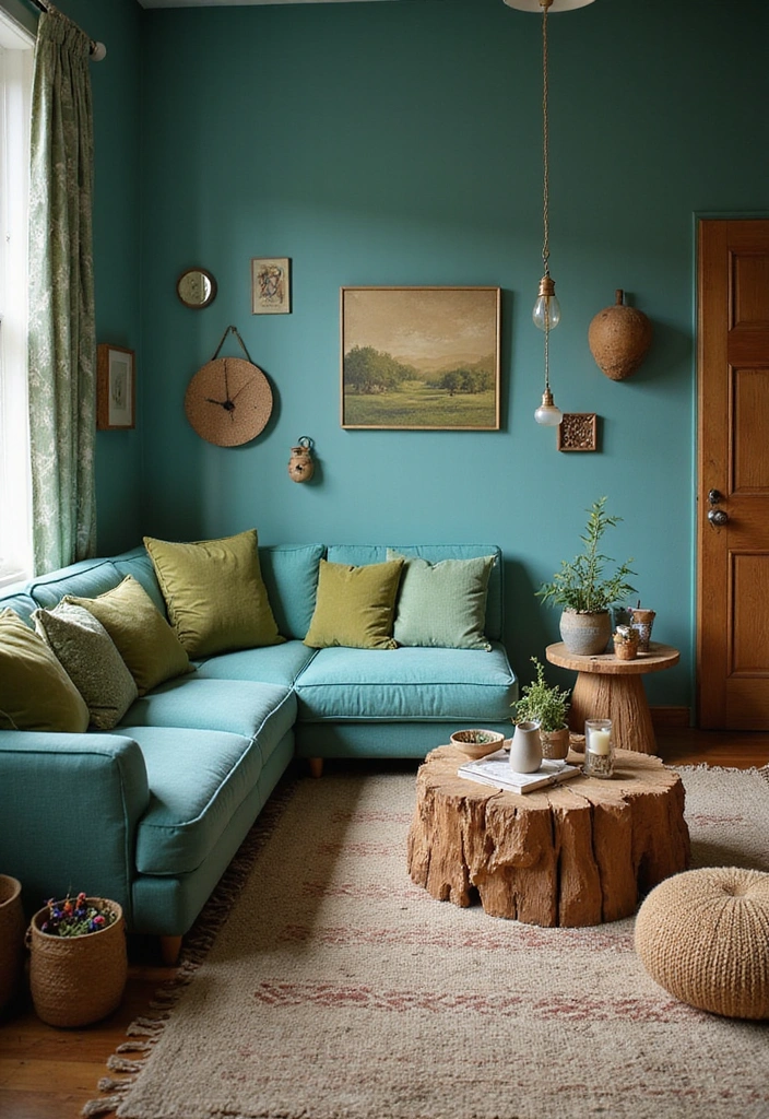 23 Blue And Green Living Room Ideas That Will Transform Your Space! - 12. Earthy Tones with Turquoise and Moss Green