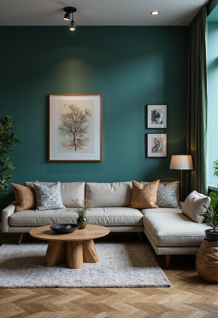 23 Blue And Green Living Room Ideas That Will Transform Your Space! - 15. Urban Chic with Cyan and Dark Green
