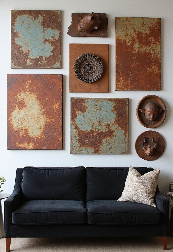 21 Black And Rust Living Room Ideas That Will Transform Your Space! - 5. Rusty Wall Art