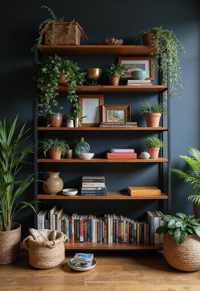 21 Dark Boho Living Room Ideas That Create a Cozy Ambiance! - 12. Open Shelving