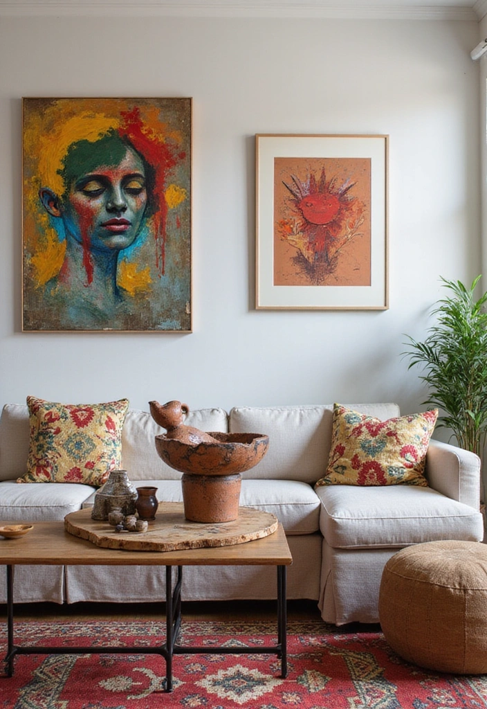 21 Moody Boho Living Room Ideas That'll Transform Your Space Into a Cozy Oasis! - 20. Artistic Accents
