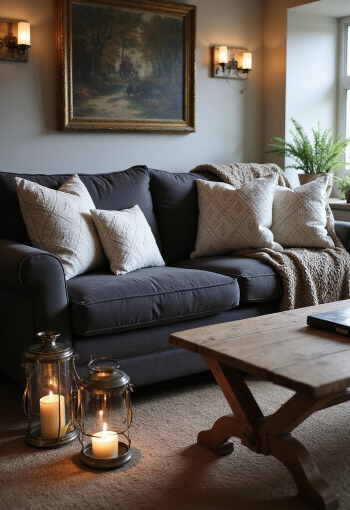 23 Dark Gray Sofa Living Room Ideas That’ll Transform Your Space (You Won't Believe #11!) - 2. Cozy Cottage Vibes