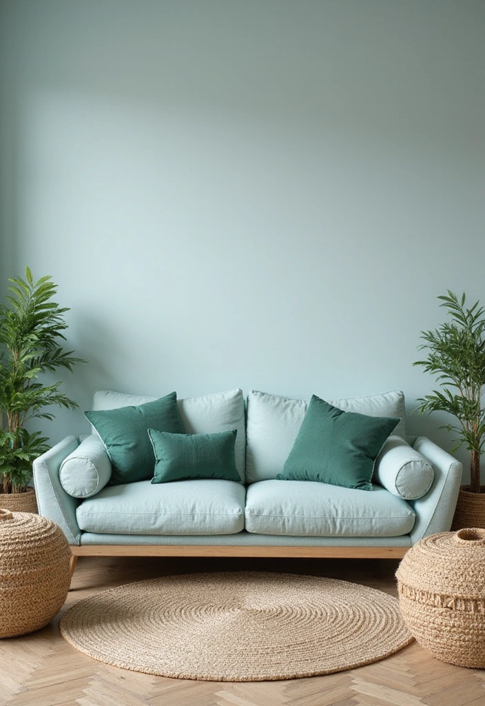 23 Blue And Green Living Room Ideas That Will Transform Your Space! - 14. Soft and Subdued with Light Blue and Forest Green
