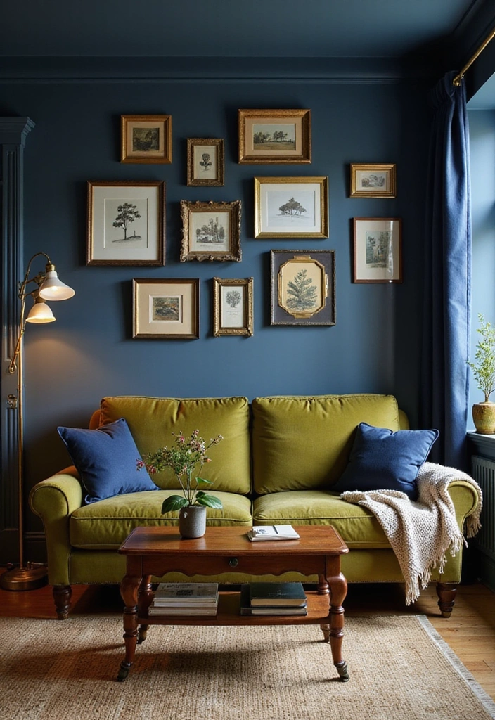 23 Blue And Green Living Room Ideas That Will Transform Your Space! - 3. Vintage Charm with Navy and Olive