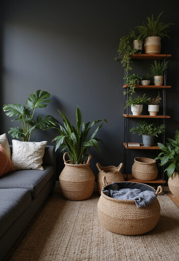 21 Dark Boho Living Room Ideas That Create a Cozy Ambiance! - 19. Creative Storage Solutions