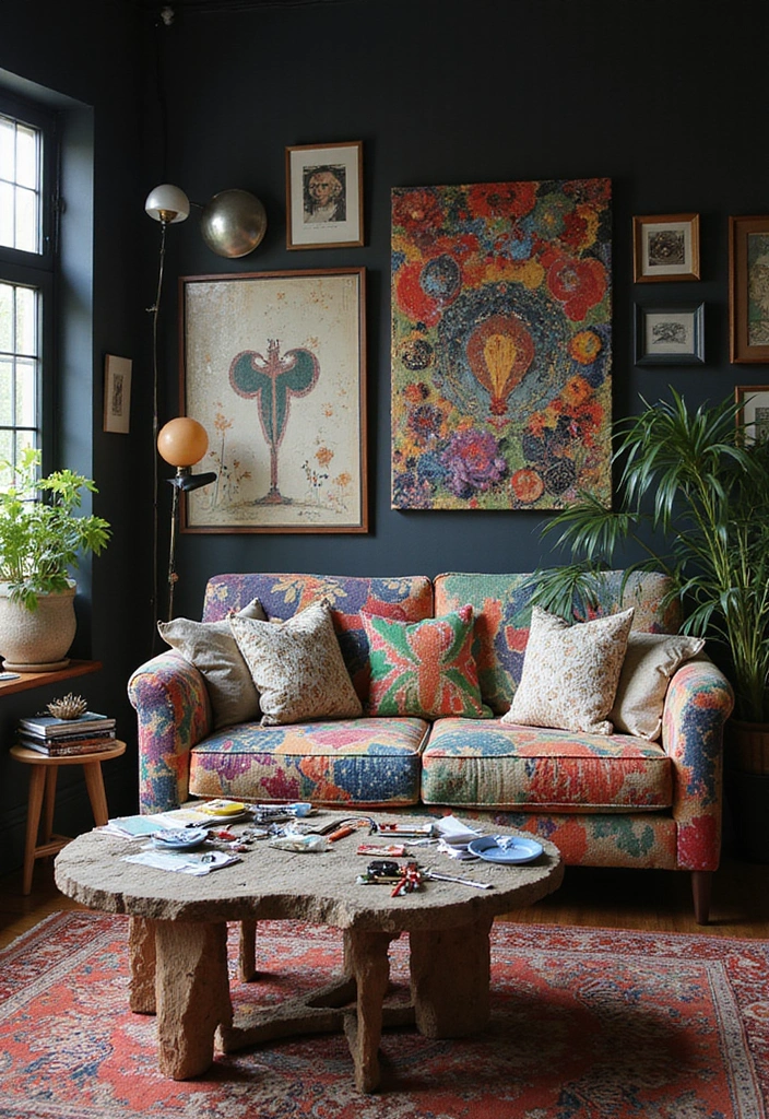 21 Dark Living Room Ideas That'll Make You Want to Curl Up with a Book! - 13. Artistic Expression