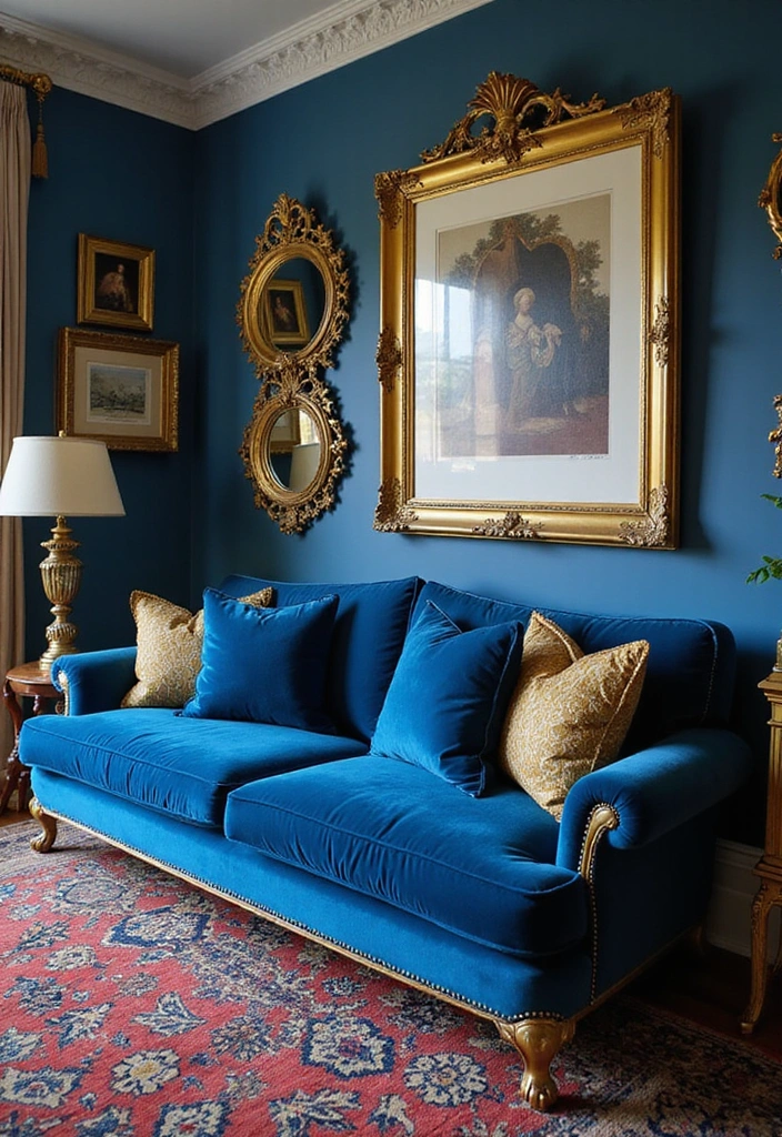21 Chic Blue Living Room Ideas That'll Make You Want to Redecorate! - 9. Luxe Royal Blue and Gold
