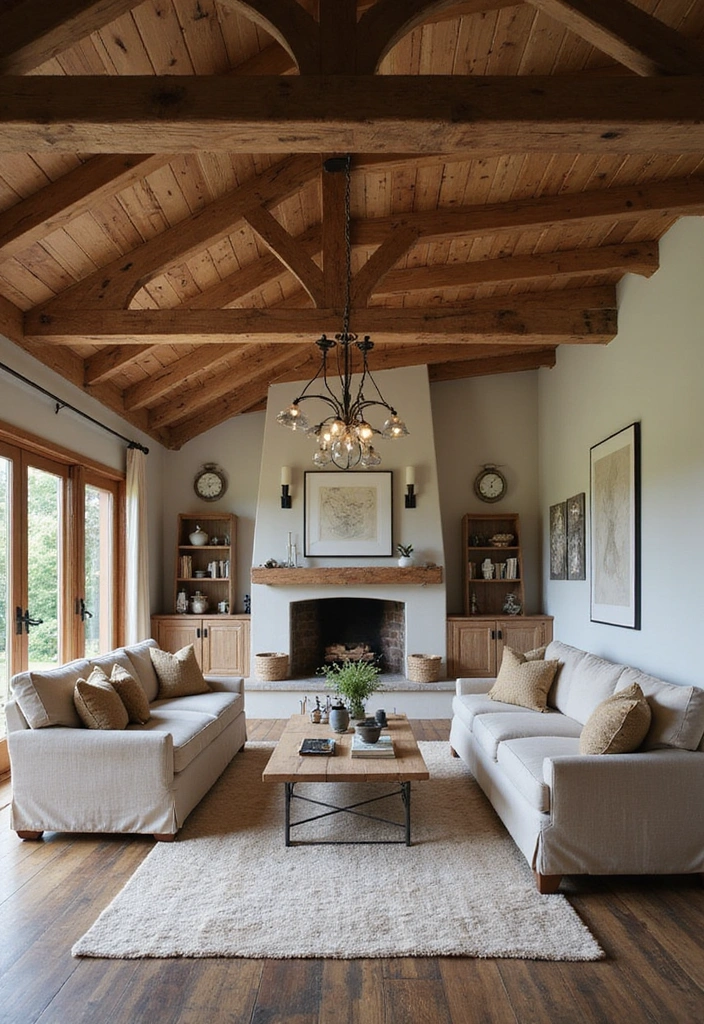 21 French Cottage Living Room Ideas That'll Make You Swoon! - 2. Rustic Wooden Beams