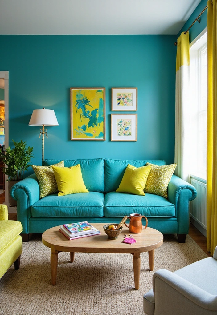 23 Blue And Green Living Room Ideas That Will Transform Your Space! - 6. Playful Patterns with Turquoise and Chartreuse
