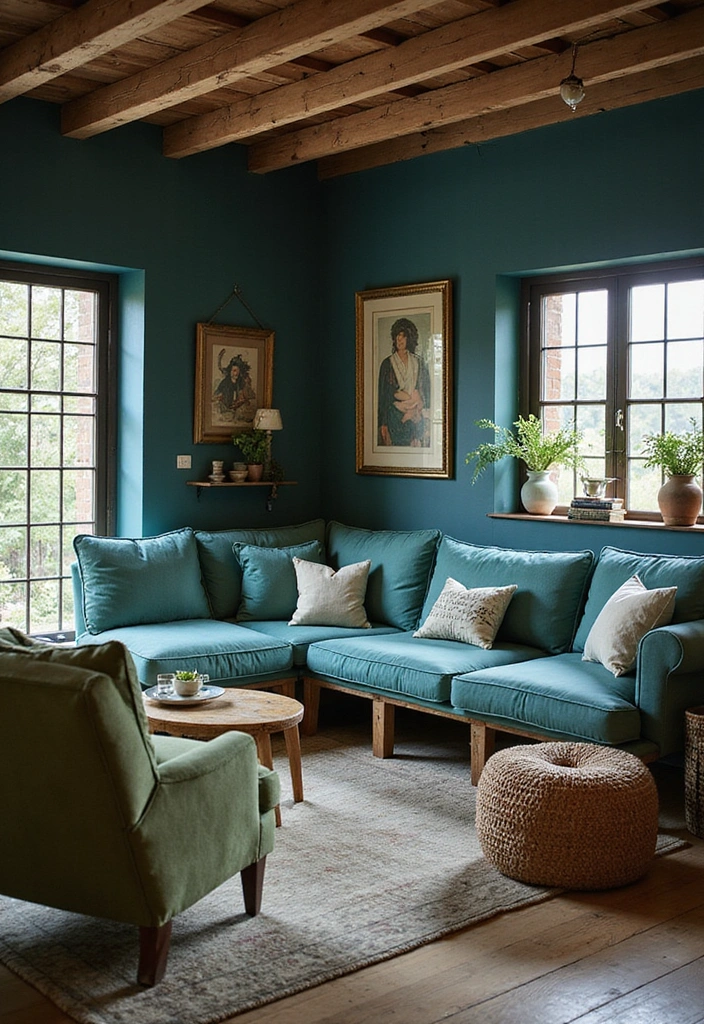 23 Blue And Green Living Room Ideas That Will Transform Your Space! - 7. Rustic Retreat with Cobalt and Fern Green